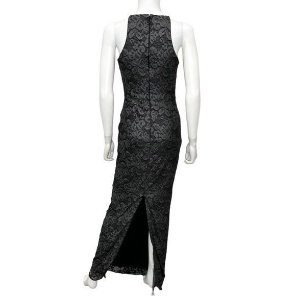 Belle Badgley Mischka Lace Overlay Back Slit Shimmer Maxi Dress Gown Black Sz 4 - Picture 3 of 16
